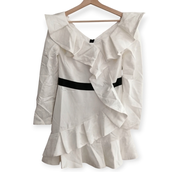 Self-Portrait Long Sleeve White Asymmetric Ruffle Jacquard Mini Dress 6 Formal - Picture 1 of 17
